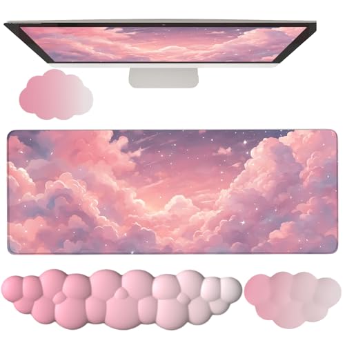 Pink Cloud Large Mouse Pad for Desk Cloud Keyboard Wrist Rest 4PCS Extended Cloud Desk Mat Pad Set Memory Foam Non-Slip Ergonomic Cute Gaming Mouse Pad Wrist Support for Computer Laptop Home Office - color: 4pcs Pink Cloud
