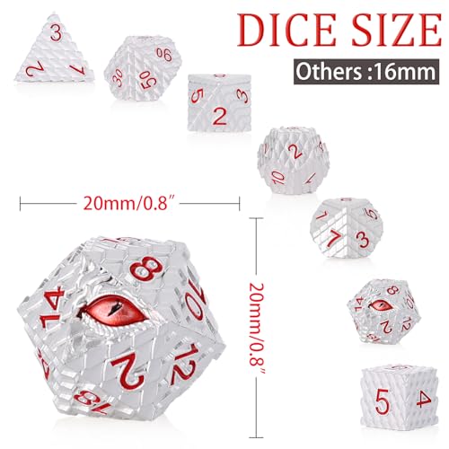 Metal Dice Set D&D,7 PCS Dragon Scale Metallic DND Dice Set,Dragon Eye Metal Dice with Gift Metal Box for Dungeons and Dragon Tabletop Game (White Dragon Scale & Red Eye) - color: White Dragon Scale & Red Eye