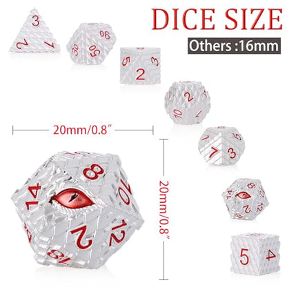 Metal Dice Set D&D,7 PCS Dragon Scale Metallic DND Dice Set,Dragon Eye Metal Dice with Gift Metal Box for Dungeons and Dragon Tabletop Game (White Dragon Scale & Red Eye) - color: White Dragon Scale & Red Eye