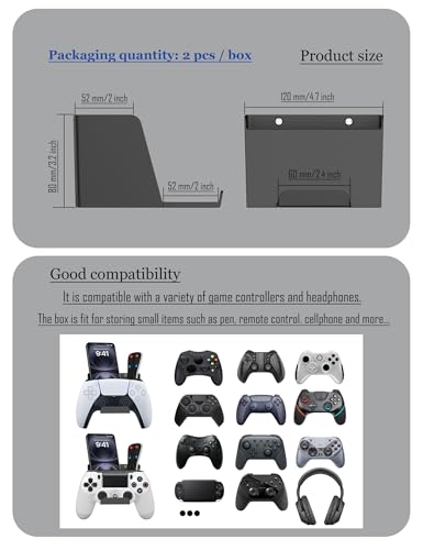 Universal Controller Holder 2 Pack, (Black) | Fit for Xbox, PS4, PS5, Switch, Compatible with Headphone Hanger, Headset Hook, Storage Box Fit for Small Items Wall Mount
