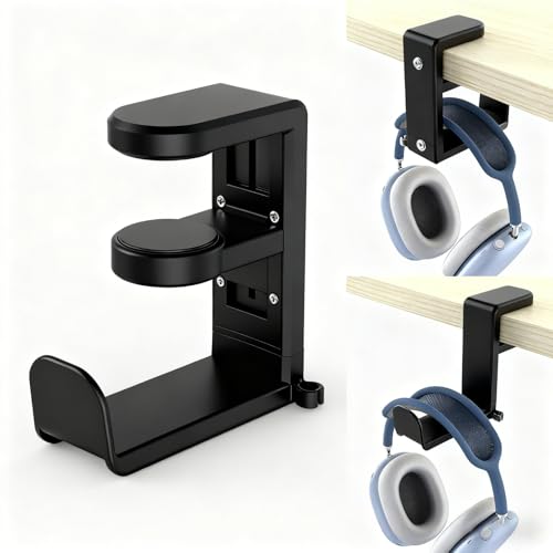 360 Degree Rotating Headphone Stand Under Desk Hanger Clamp Mount Universal Headset Holder Hook (Black) - color: Black