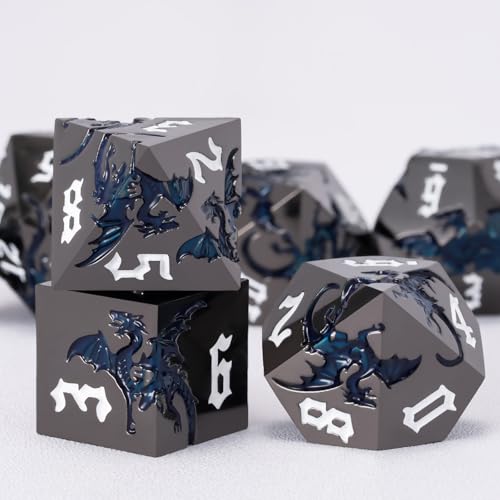 Dungeons and Dragons Dice D&D Metallic Dragon Sharp Edged Dice Set with Box, Polyhedral DND Role Playing Game D and D Dice Set D20 D12 D10 D8 D6 D4 - color: Dragon-black Nickel Sparkle Blue