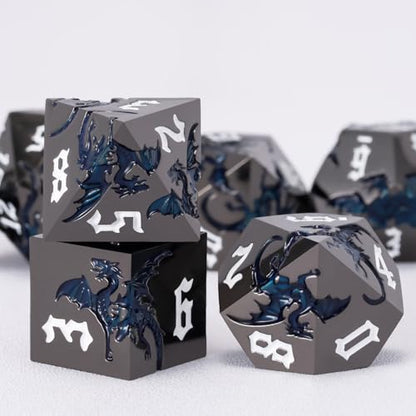 Dungeons and Dragons Dice D&D Metallic Dragon Sharp Edged Dice Set with Box, Polyhedral DND Role Playing Game D and D Dice Set D20 D12 D10 D8 D6 D4 - color: Dragon-black Nickel Sparkle Blue
