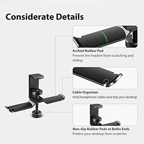 Dual Headphone Stand Hanger Under Desk, 360 Degree Rotating Aluminum Gaming Headset Holder with Adjustable Clamp, Universal Metal Earphone Hook Mount for All Headsets, Black