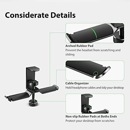 Dual Headphone Stand Hanger Under Desk, 360 Degree Rotating Aluminum Gaming Headset Holder with Adjustable Clamp, Universal Metal Earphone Hook Mount for All Headsets, Black