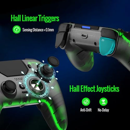 BETMI Wireless Controller for PS-5, Pro/Slim/PC (Black/Clear) | Hall Effect Joystick & Trigger/Macro/Turbo/RGB Light/3.5mm TRRS Audio Jack/Speaker/Mic/Mute Button/6-Axis Gyro/Dual Vibration