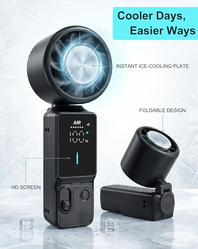 Portable Handheld Fan, 100-Speed Turbo Rechargeable Mini Fan | 3-in-1 Wearable Foldable Fan with Ice Compress Cooling. Ideal for Travel, Outdoor, Office. Compact & Long Battery Life. - color: Black