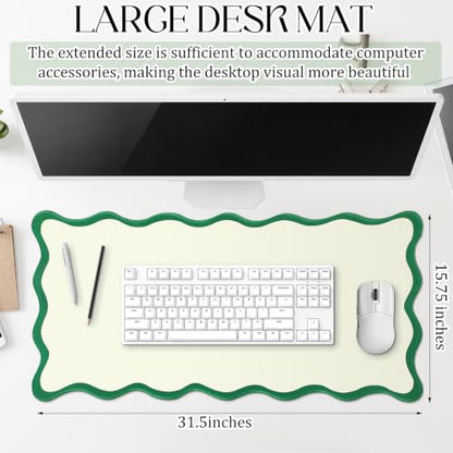 Hahafelt Scalloped Desk Mat Large Desk Pad Cute Coquette Table Mat Back to School Preppy Table Make up Pad Nonslip Graduation Gift with Stitching Waterproof Gaming(Green,31.5 x 15.8 Inches) - color: Green, size: 31.5 x 15.8 Inches