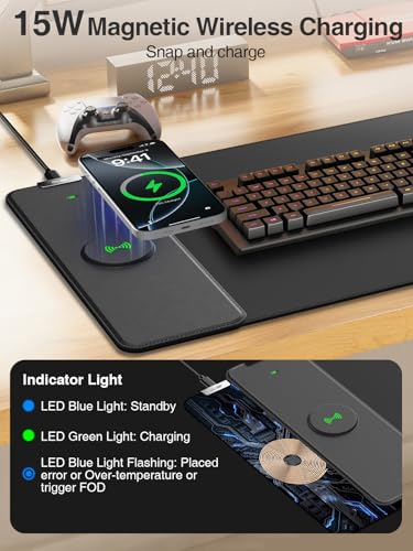 Magnetic Wireless Charging Mouse Pad, 31.5"x11.8" Large Desk Mat | Waterproof Mousepad, Smooth Glide, Stitched Edge, Non-Slip Rubber Base, Desk Pad Computer Keyboard Mat, No Adapter - color: Black-31.5"x11.8"-Mag