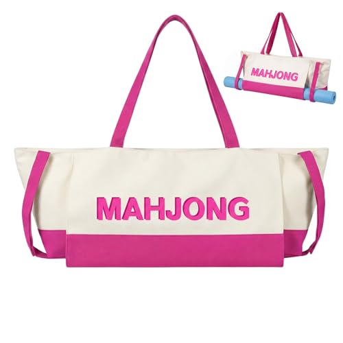 Abbylike 28x9 Inches Mahjong Bag for Rolled Mat Tiles Racks Pushers Accessories Empty Mahjong Tote Bag with Zipper Closure Outer Pockets Lining Large Capacity(Beige&hot Pink,Canvas) - color: Beige&hot Pink