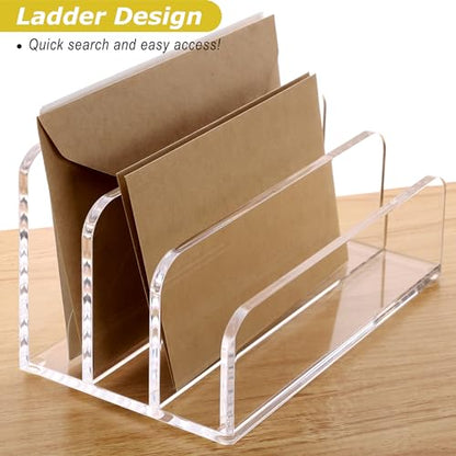 SANRUI Clear Acrylic Mail File Organizer Sorters for Desk, 3 slot Laddered | Desktop Vertical Letter Holder, Multifunction Envelope Folder Racks Holders for Office,Home, School - size: 3-Compartment ladder