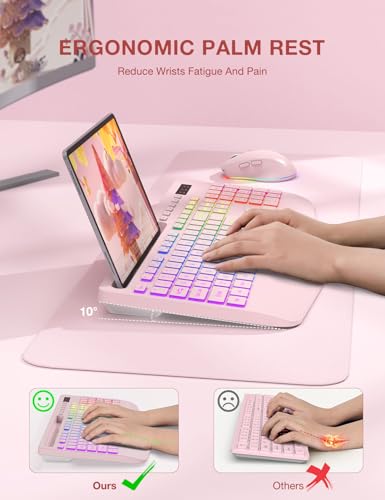 Wireless Keyboard and Mouse Combo, 9 Backlit Effects, RGB, 2.4GHz | Ergonomic Wrist Rest, Phone Holder, Rechargeable, Full Size, KM22 MAX Silent Set for Computer, Laptop, Mac, Windows (Pink) - color: Creamy Pink