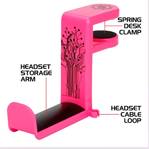 Enhance Gamer Headset Holder with 360 Degree Swivel Arm, Universal Table and Desk Clamp with Integrated Cable Storage – Pink - color: pink