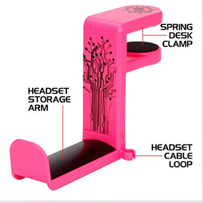 Enhance Gamer Headset Holder with 360 Degree Swivel Arm, Universal Table and Desk Clamp with Integrated Cable Storage – Pink - color: pink