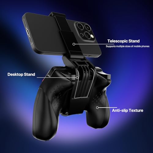ISHAKO Mobile Game Controller with Stand for PC Windows/Android/iPhone, 360° joystick with 2.4G receiver, phone holder, USB-C charging prot, Mobile Game Controller - Black