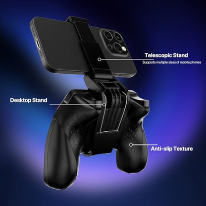 ISHAKO Mobile Game Controller with Stand for PC Windows/Android/iPhone, 360° joystick with 2.4G receiver, phone holder, USB-C charging prot, Mobile Game Controller - Black