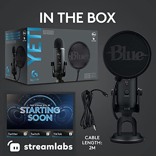 Logitech Blue Yeti Game Streaming Kit with Yeti USB Gaming Mic, Blue VO!CE Software, Exclusive Streamlabs Themes, Custom Pop Filter, PC/Mac/PS4/PS5 - Blackout