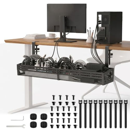 Under Desk Cable Management Tray, 15-25in Retractable Metal Cord Organizer Rack, No Drill Desk Tray with Clamp, Anti-Slip Pads Cable Tray for Home, Office, Gaming, Standing Desks