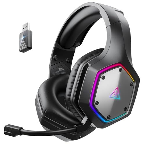 EKSA 2.4GHz Wireless Gaming Headset for PS5,PS4,PC,Switch,Mobile,Mac, Bluetooth Gaming Headphones with ENC Microphone, RGB, 20ms Latency, 120H Battery, 7.1 Surround Sound, 3.5mm Cable Black Silver
