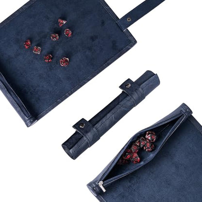 Cusdie 2 in 1 Dice Rolling Mat & Zippered Dice Holder Dice Tray- Compatible with DND Polyhedral Dice (Leatherette-Dark Blue) - color: Leatherette-dark Blue