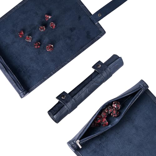 Cusdie 2 in 1 Dice Rolling Mat & Zippered Dice Holder Dice Tray- Compatible with DND Polyhedral Dice (Leatherette-Dark Blue) - color: Leatherette-dark Blue