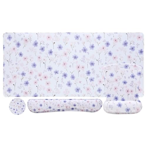 MEGREZ 4-in-1 Mouse Pad with Wrist Rest Ergonomic Memory Foam Desk Mat Set | ergonomic, anti-slip base, 4pcs set, desk pad, mouse wrist rest, keyboard rest, coaster, ideal for office & gaming - color: White Flower