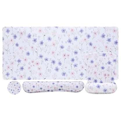 MEGREZ 4-in-1 Mouse Pad with Wrist Rest Ergonomic Memory Foam Desk Mat Set | ergonomic, anti-slip base, 4pcs set, desk pad, mouse wrist rest, keyboard rest, coaster, ideal for office & gaming - color: White Flower