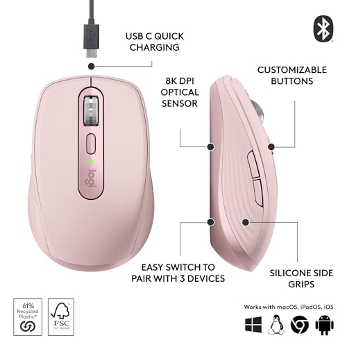 Logitech MX Anywhere 3S Compact Wireless Mouse, Fast Scrolling, 8K DPI Any-Surface Tracking, Quiet Clicks, Programmable Buttons, USB C, Bluetooth, Windows PC, Linux, Chrome, Mac - Rose | 8, 000 Dpi Darkfield, Quiet Clicks, Magspeed Scroll, USB-C Quick Cha
