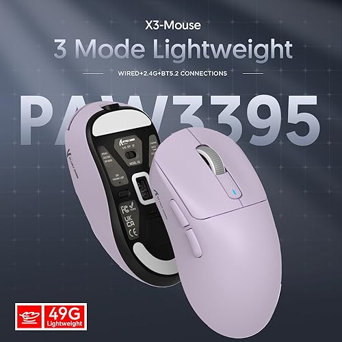 ATTACK SHARK X3 Wireless Gaming Mouse, 49g Ergonomic Computer Mouse, Triple Modes PAW3395 26K DPI Optical Sensor, 200h Battery Life, Programmable Buttons, Gaming Accessories for PC/Laptop/Mac (Purple) - color: Lavender