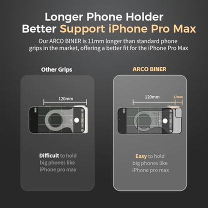 Upgraded Mag-Safe Magnetic Camera Handle Grip with Extended Magnetic Phone Mount with Carabiner & Thumb Rest, Detachable Rechargeable Shutter Remote Compatible with iPhone Pro Max for Video Calls/TK - color: Black, size: ARCO Biner