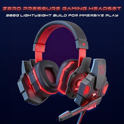 Stereo Gaming Headset for PS4 PC Xbox One PS5 Controller, Noise Cancelling Over Ear Headphones with Mic, LED Light, 7.1 Surround Sound, Soft Memory Earmuffs for Nintendo Xbox Series X|S-Black/Red - color: Black/Red