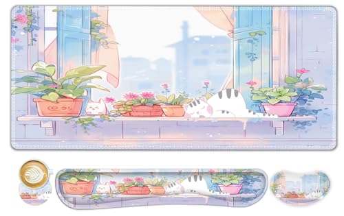 ToLuLu Extended Gaming Mouse Pad, Ergonomic Keyboard Mouse Wrist Rest Set | Large Desk Mat with Stitched Edges, Non-Slip Base Memory Foam Support Mousepad for Home Office and Game, Purple Cute Cat - color: Purple Cute Cat