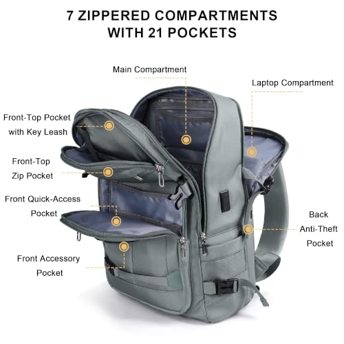 PIJUSHI Casual Travel Backpack for Women with 16" Padded Laptop Compartment | Carry On Luggage with USB Charging Port, 1680D Water-Resistant Nylon, Airline Approved, For Daily, Hiking - color: Updated Grey Blue