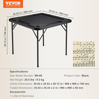 VEVOR Folding Card Table, 4 Player Portable with 4 Cup Holders & Chip Trays, Mahjong Domino Game Set, 35.4 x 35.4-inch, Black - color: Black