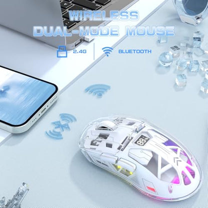 ZIYOU LANG A2 Transparent Wireless Gaming Mouse with Battery Level Display,Bluetooth/2.4G Wireless PC Mice,3D RGB Backlit,5 Million Clicks,PixArt 3212,up to 4000 DPI for Win/MAC (White) - color: White