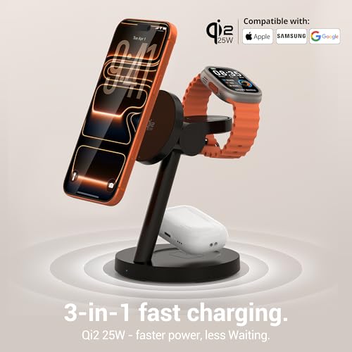 Qi2 25W 3 in 1 Wireless Charging Station for iPhone Samsung | 2-year warranty, MagSafe, strong magnet, 18.5° tilt adjustment, 45W PD adapter, ideal for nightstand office desk travel