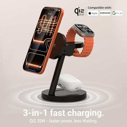 Qi2 25W 3 in 1 Wireless Charging Station for iPhone Samsung | 2-year warranty, MagSafe, strong magnet, 18.5° tilt adjustment, 45W PD adapter, ideal for nightstand office desk travel