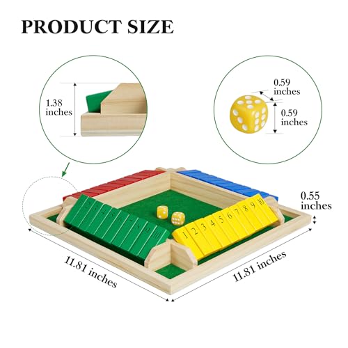 AMEROUS Shut The Box Dice Game-12 inches-Colorful Design-1-4 Players-12 Dice-Gift Package, Classic 4 Sided Wooden Board Game for Adults Kids, Classics Board Game
