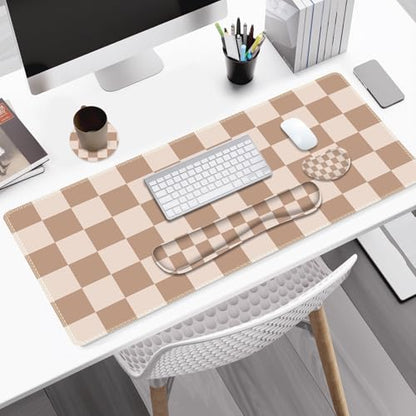 Beige Khaki Checkered Mouse Pad Set, 4 in1 Large Gaming Ergonomics Keyboard Desk Mat with Memory Foam Wrist Rest, Extended Game Mousepad, Non-Slip Desk Pad Matt Easy Typing Pain Relief - color: Beige Khaki Checkered