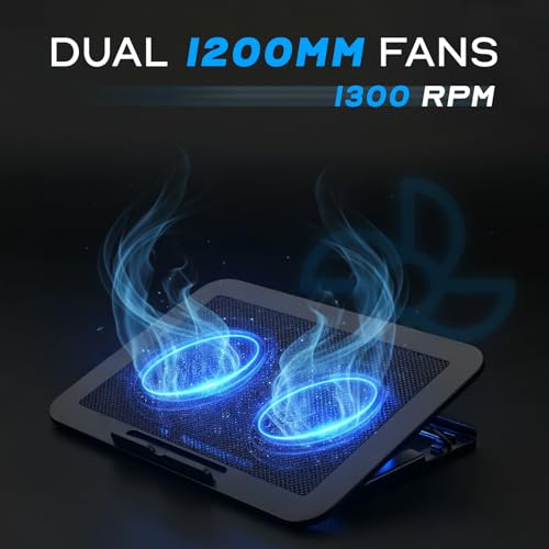 iJoy Laptop Cooling Pad for up to 17" Laptops | Quiet, Portable, Metal Mesh Surface, Dual 1400 RPM Fans| Adjustable Height Laptop Stand & Dual USB Ports- Gaming Laptop Cooling Pad for Desk or Lap