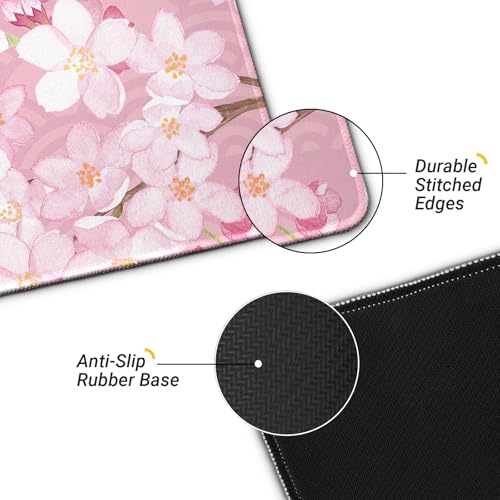 Gaming Mouse Pad with Anti-Slip Rubber Base, Extended Large Computer Mouse Mat with Stitched Edges, Long XL Anime Mousepad for Laptop and Keyboard, 31.5 x 11.8 inch (Pink Cherry Blossom) - color: Pink Cherry Blossom
