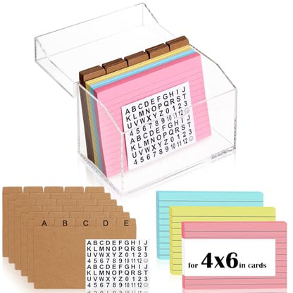 4x6 Inch Acrylic Index Card Box Index Card Holder Clear Flash Card Holder Recipe Card Holder Business Card Organizer 150 Index Cards 30 Kraft Dividers A to Z Stickers For Hold 400 Tab Letter Note