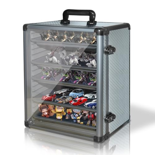 ORKELS Miniatures Storage Case with 5 Metal Tray, Clear Display Transport Case with Lock, Aluminum Alloy Frame Organizer for Mini Action Figures, Collectibles