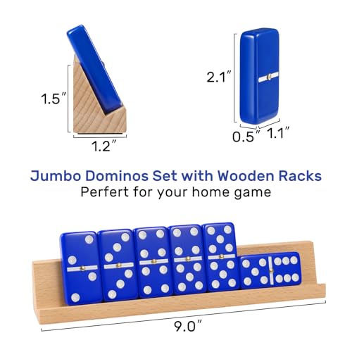 Dominoes Set for Adults with 4 Wooden Racks/Trays, Double Six Travel Portable Case 6 Tiles Holders, 28 Dominos Family Board Games - Blue - color: Blue