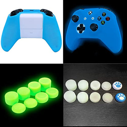 Blue Silicone Cover Skin for Xbox One S/X Controller Glow in The Dark Anti-Slip Soft Rubber Case Protector Accessories Set with 8 Glow in The Dark Thumb Grips Caps + 2 Cute Cat Paw Caps. - color: Glow Blue