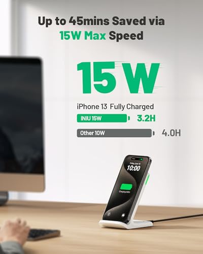 INIU Wireless Charger Station, 15W Fast Wireless Charging Stand for Official and Home Compatible with iPhone 17 16 15 14 13 12 Pro XS Samsung Galaxy S23 S22 S21 Note 20 Google etc - color: White