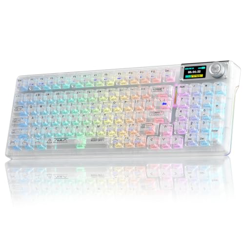 Aula F98Pro V3 Wireless Mechanical Keyboard with Screen & Knob,Tri-Mode Hot Swappable Computer Keyboards,10000mAh Battery,Clear Keycaps RGB Backlit Gasket Mount White Gaming Keyboard for PC/Office - color: White