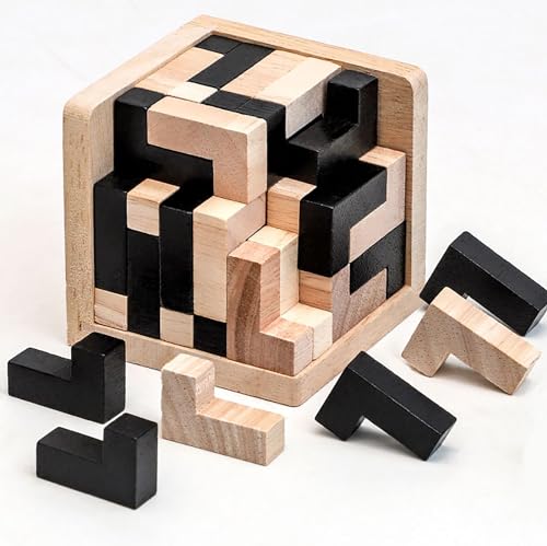 Wooden Brain Teaser Puzzle Cube Wooden Puzzles T-shaped Jigsaw Logic Puzzle Educational Toy for Kids and Adults by AHYUAN (L Shape Black and Natural) - color: L Shape Black and Natural