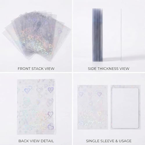 Photocard Sleeves 3.58x2.56 in Love Heart Shape Laser Flashing Holographic Foil Protective Covers for Card Enthusiasts，100 PCS