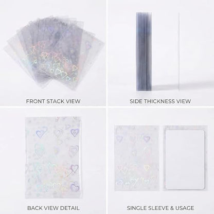Photocard Sleeves 3.58x2.56 in Love Heart Shape Laser Flashing Holographic Foil Protective Covers for Card Enthusiasts，100 PCS